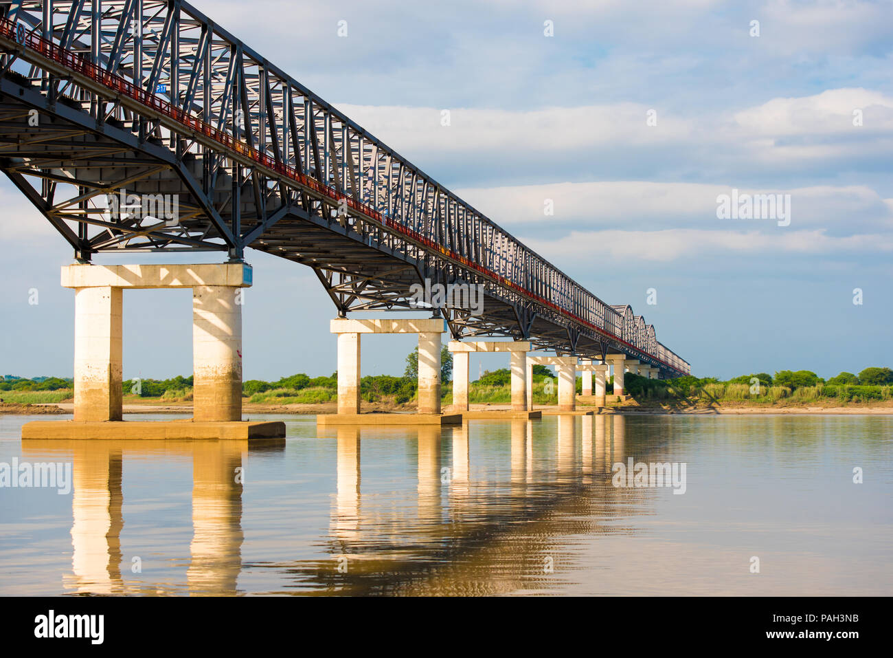 Steel bridge over the Irrawaddy river in Mandalay, Myanmar, Burma. Copy ...
