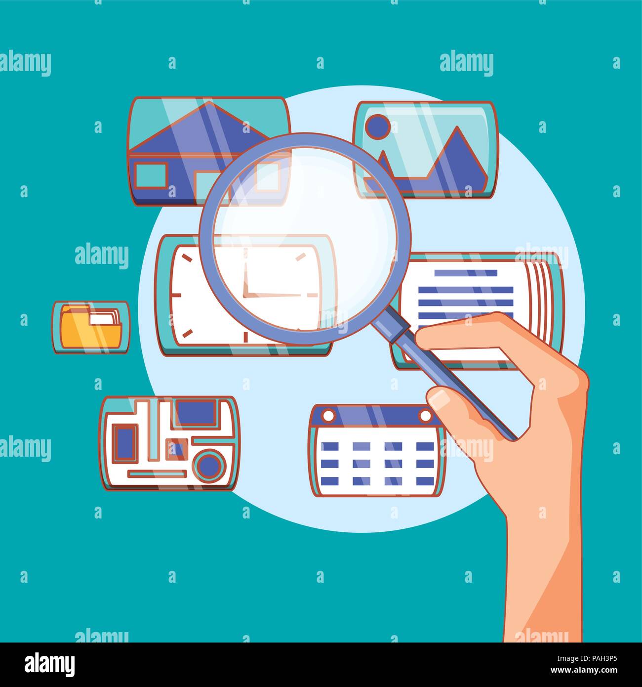 hand holding magnifying glass social media applications vector