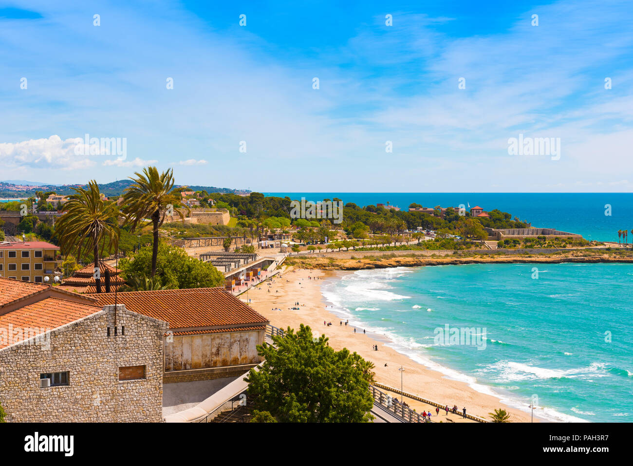 Coast of Tarragona in sunny day, Catalunya, Spain. Copy space. Space for text. Copy space for text Stock Photo
