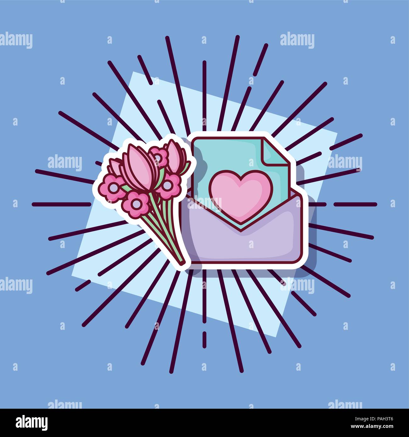 Online dating design with envelope and flowers bouquet over blue ...