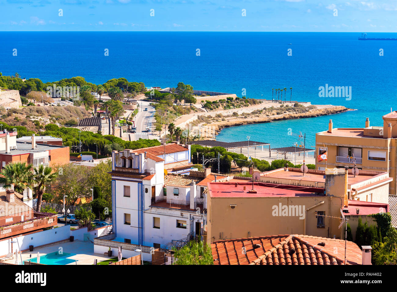 The coastline of the Costa Dorada, Tarragona, Catalunya, Spain. Copy space for text Stock Photo