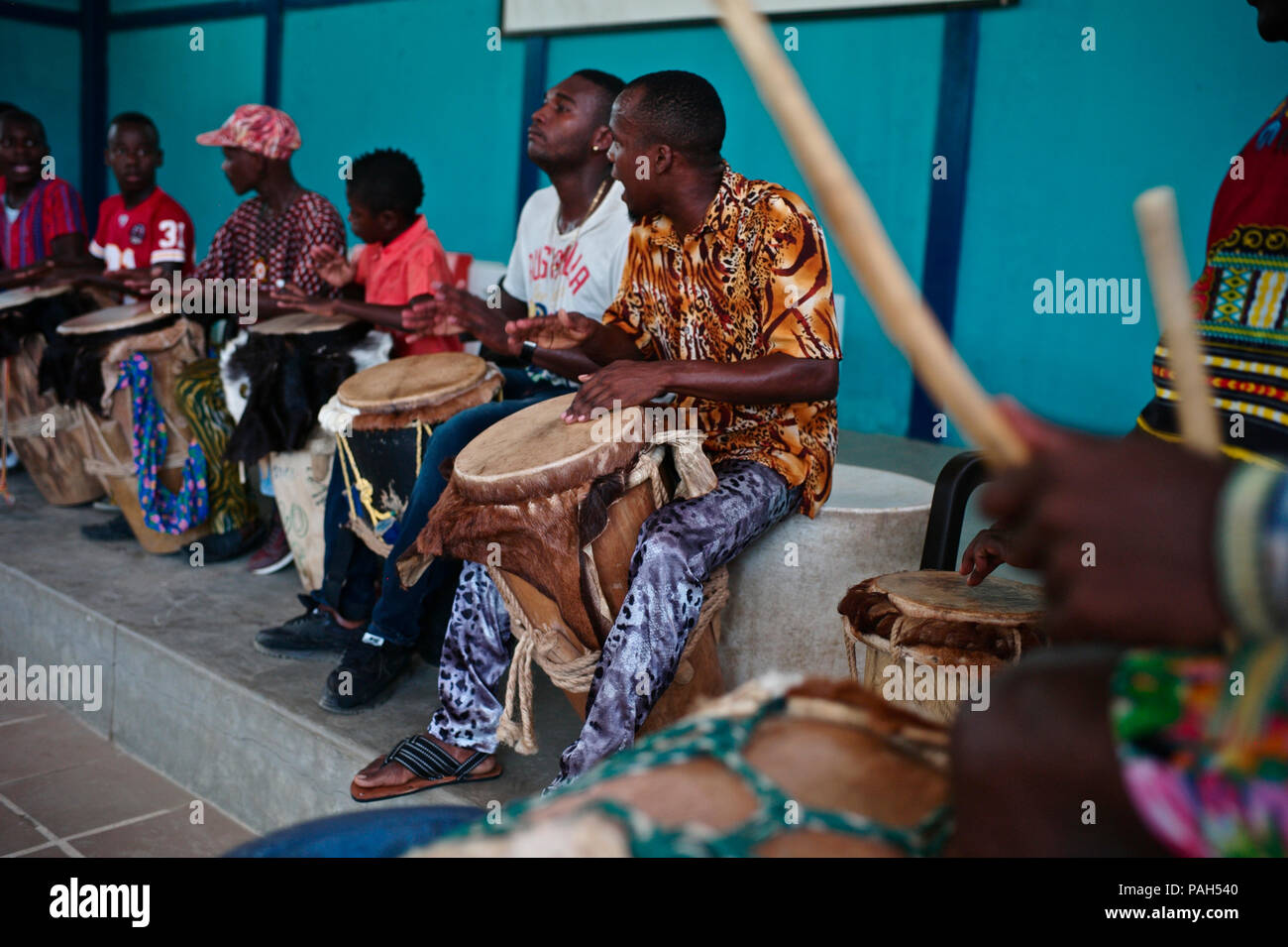 Colombian drummers. San Basilio de Palenque was declared Masterpieces of the Oral and Intangible Heritage of Humanity by UNESCO and is considered the  Stock Photo