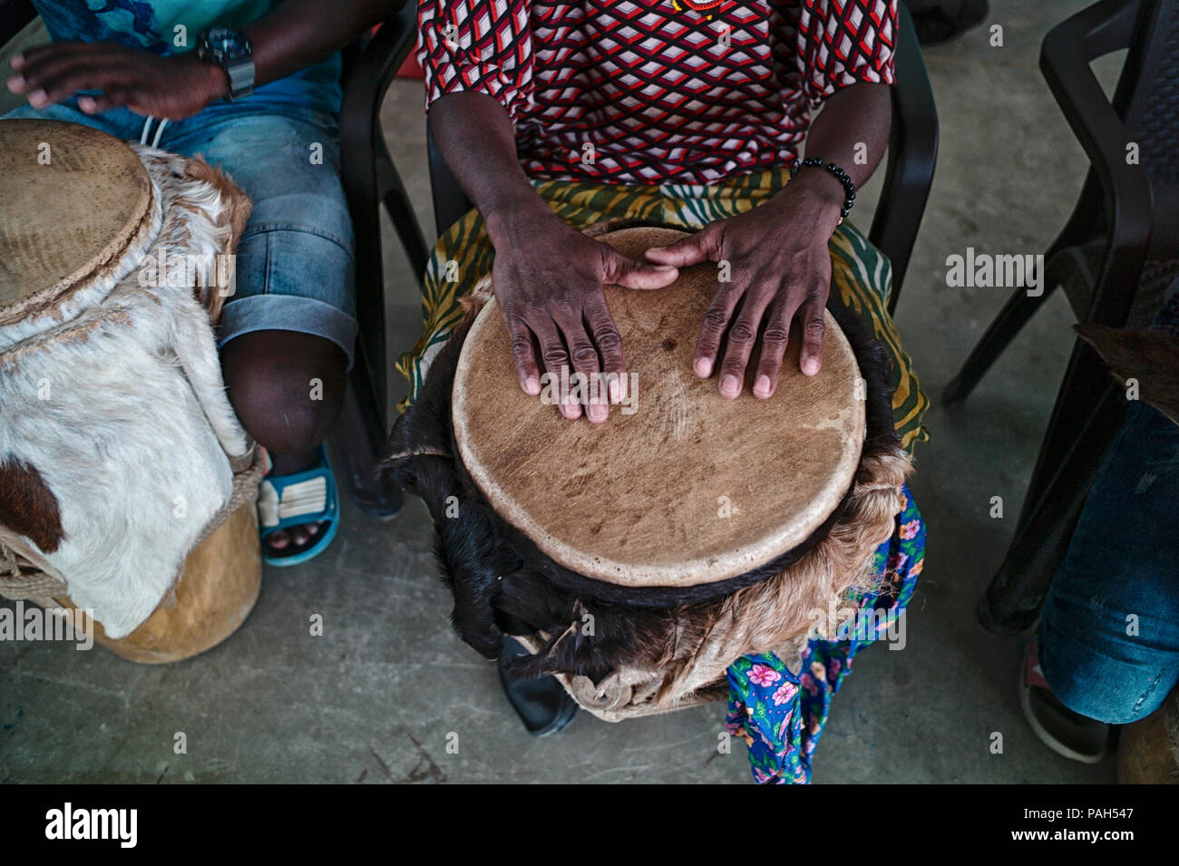 Colombian drummers. San Basilio de Palenque was declared Masterpieces of the Oral and Intangible Heritage of Humanity by UNESCO and is considered the  Stock Photo