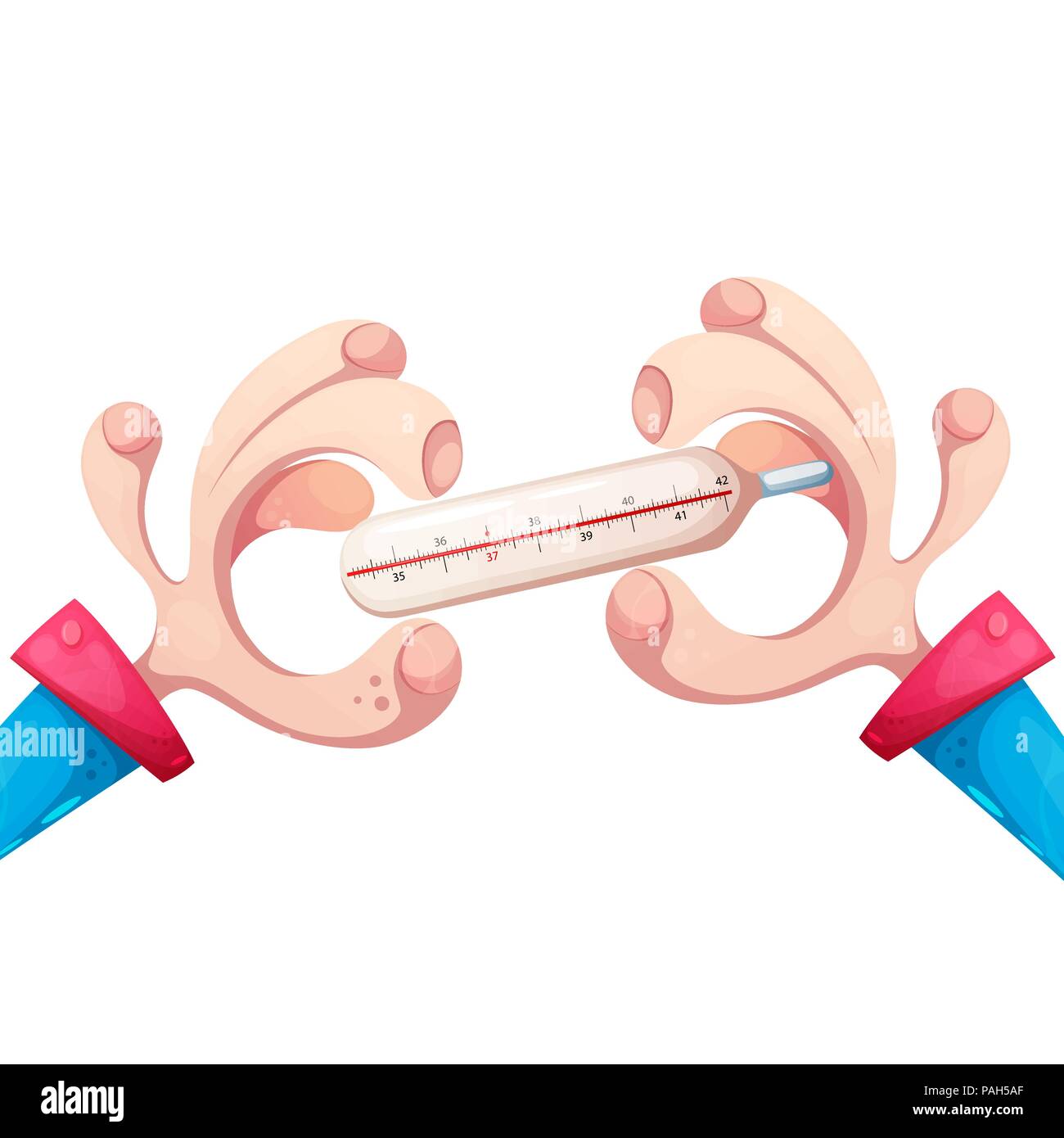 Cartoon hand with red thermometer. Stock Vector