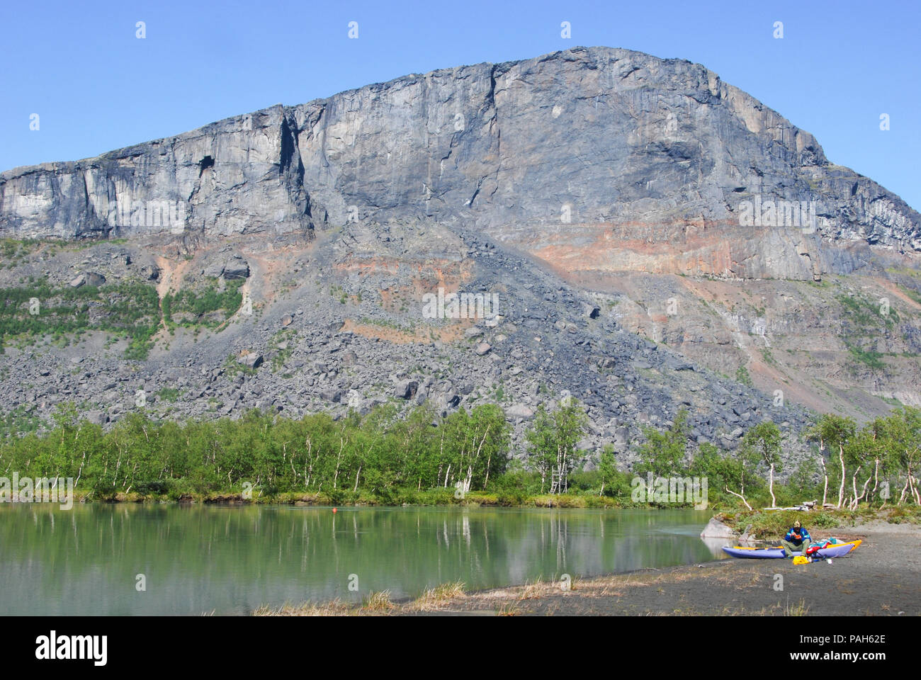 Skierfe - Paddling to the gate of Sarek (remastered). Rapaätno delta, Jokkmokk, Sweden. 29.6.2009 Stock Photo