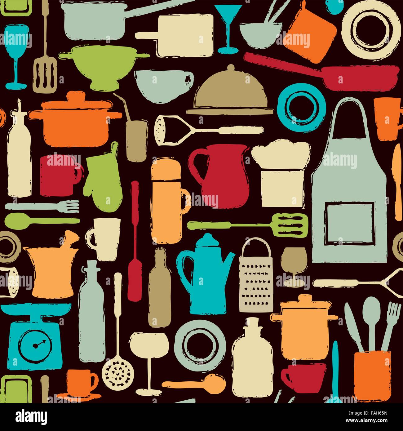 Colorful seamless pattern background with kitchen silhouette icons. Stock Vector