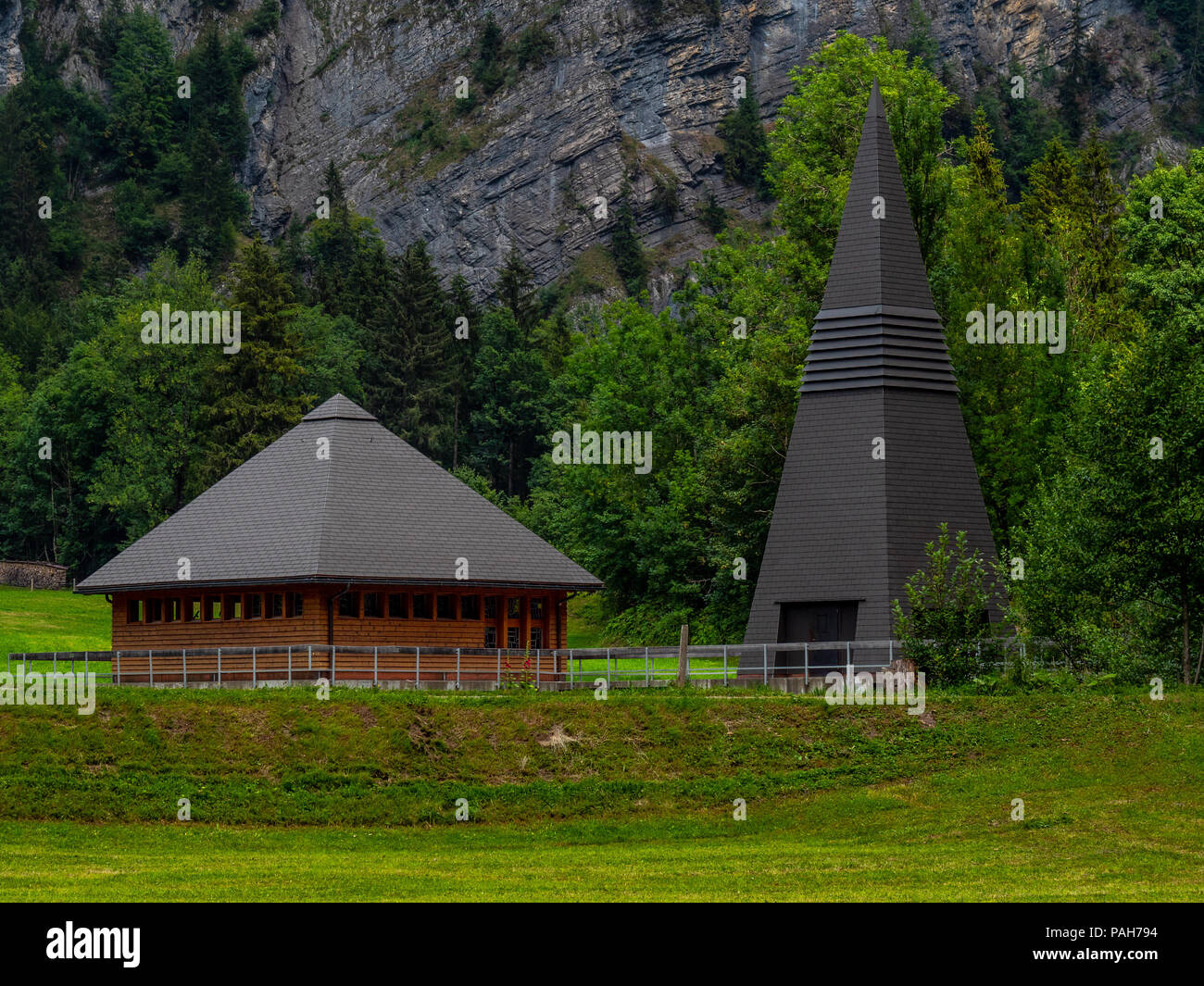outdoor modern church in switzerland, klontal swiss alps Stock Photo