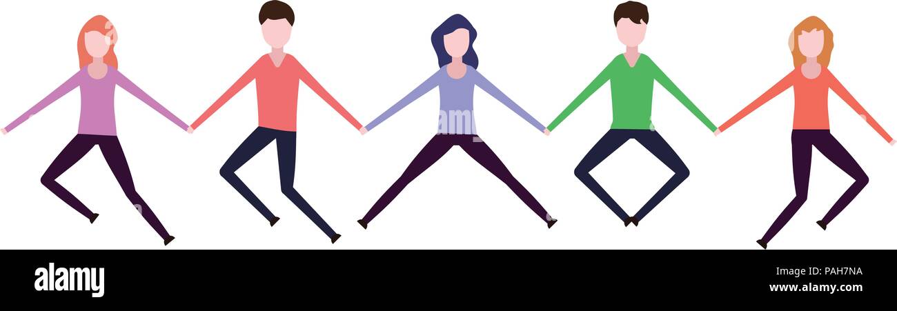 People holding hands in a jump on a white background Stock Vector Image ...