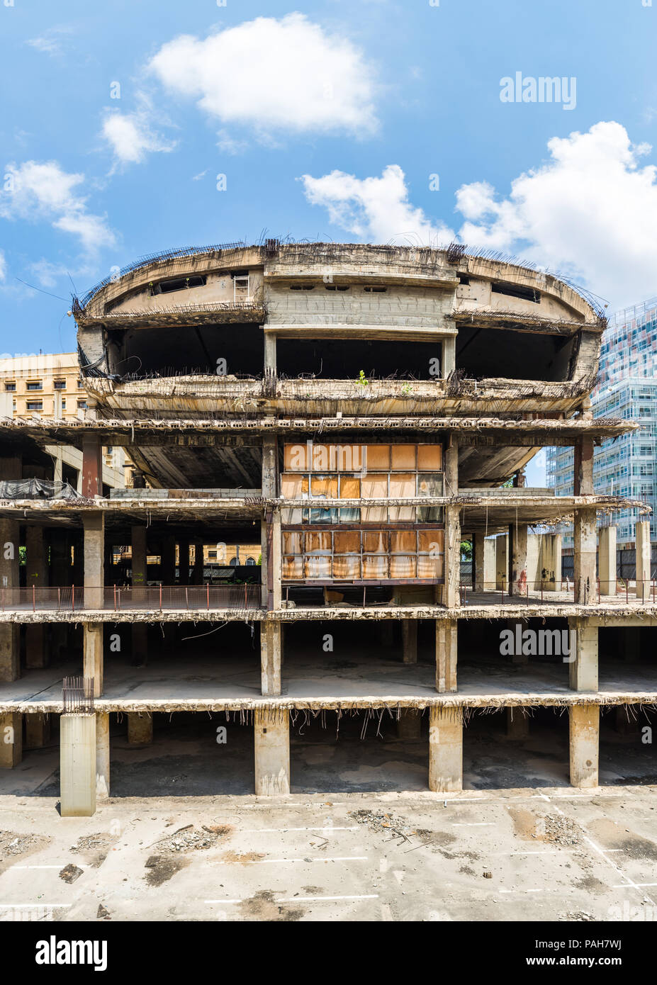 The egg-shaped Dome City Center theater or the 'Egg', abandoned cinema left in ruins after the civil war in Lebanon, Beirut Central District Stock Photo