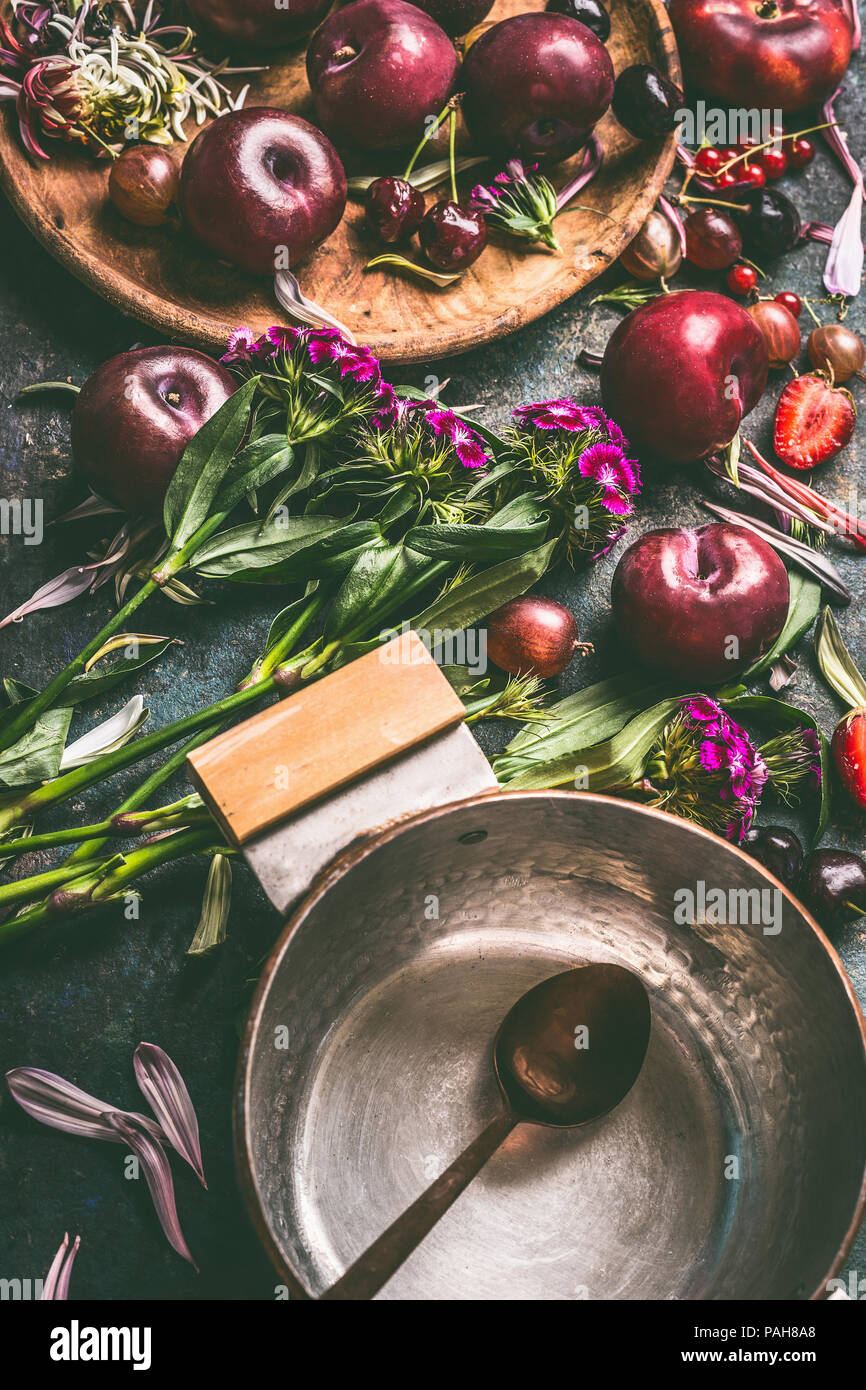 Pot With Spoon For Jam Cooking And Fresh Summer Fruits And Berries