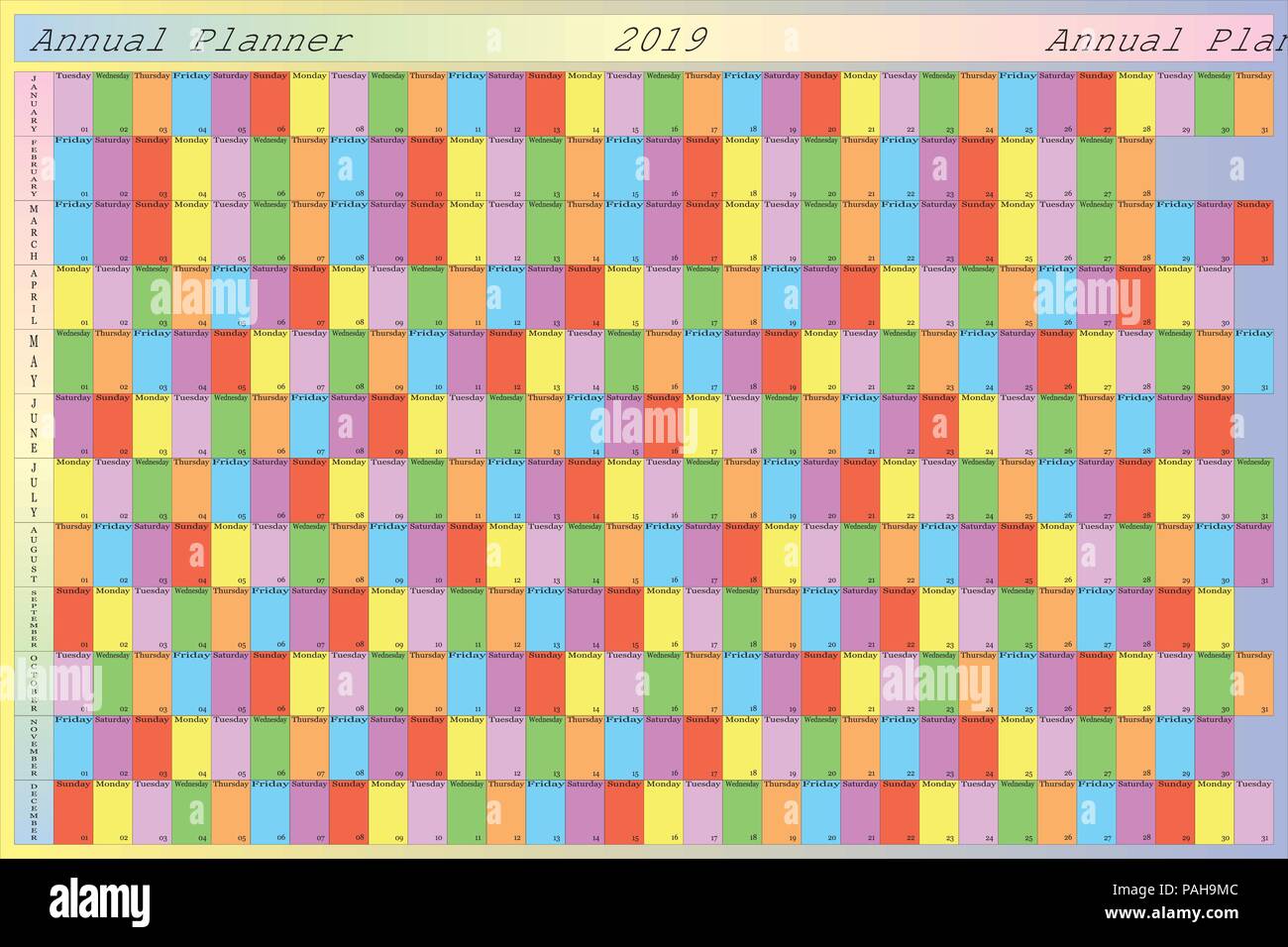 Annual planner 2019 with specific color for each weekday - TO BE personalized with your LOGO Stock Vector