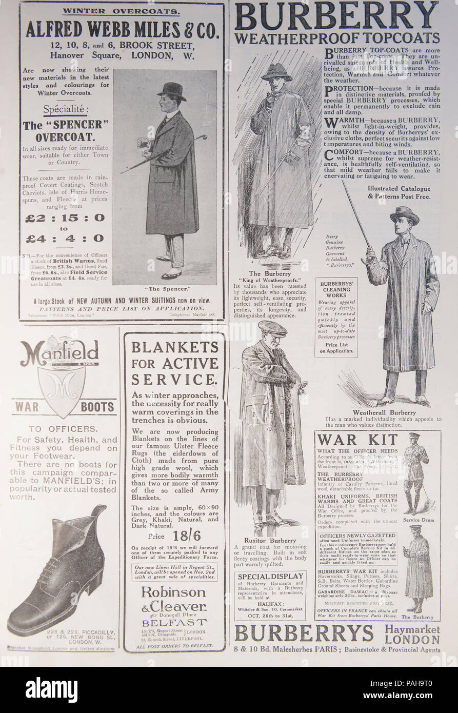 Burberry and other clothing adverts. From an old magazine during the  1914-1918 period. UK GB Stock Photo - Alamy