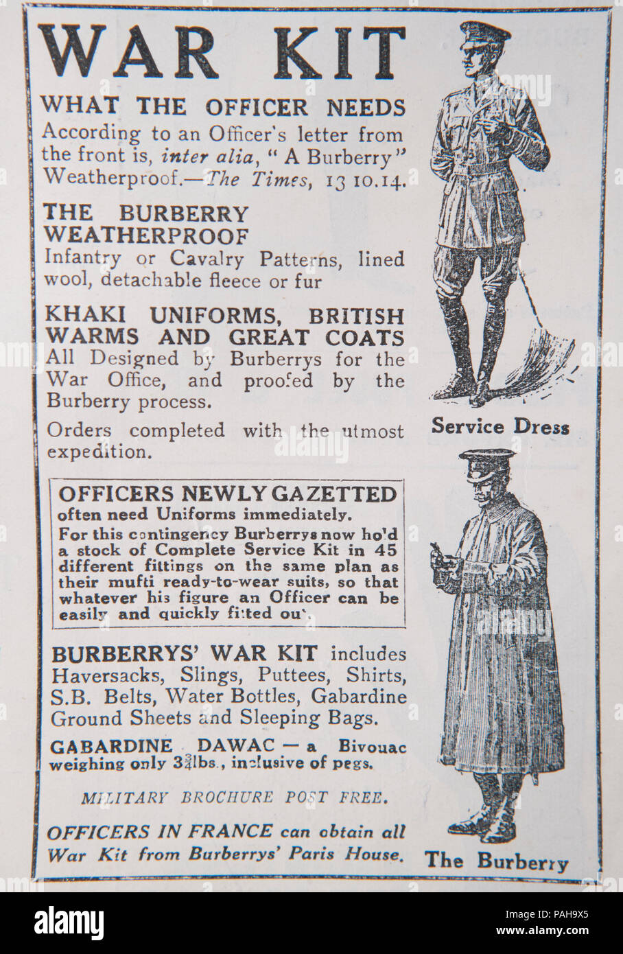 Burberry War Kit advert. From an old magazine during the 1914-1918 period.  UK GB Stock Photo - Alamy