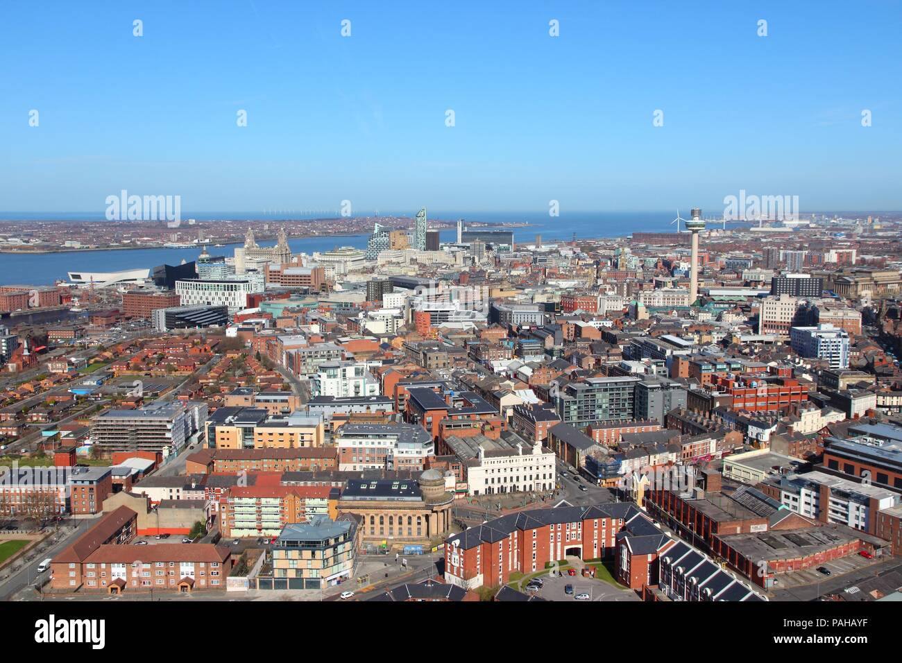 Liverpool City In Merseyside County Of North West England Uk Aerial View With Downtown And Famous Pier Head Unesco World Heritage Site Stock Photo Alamy