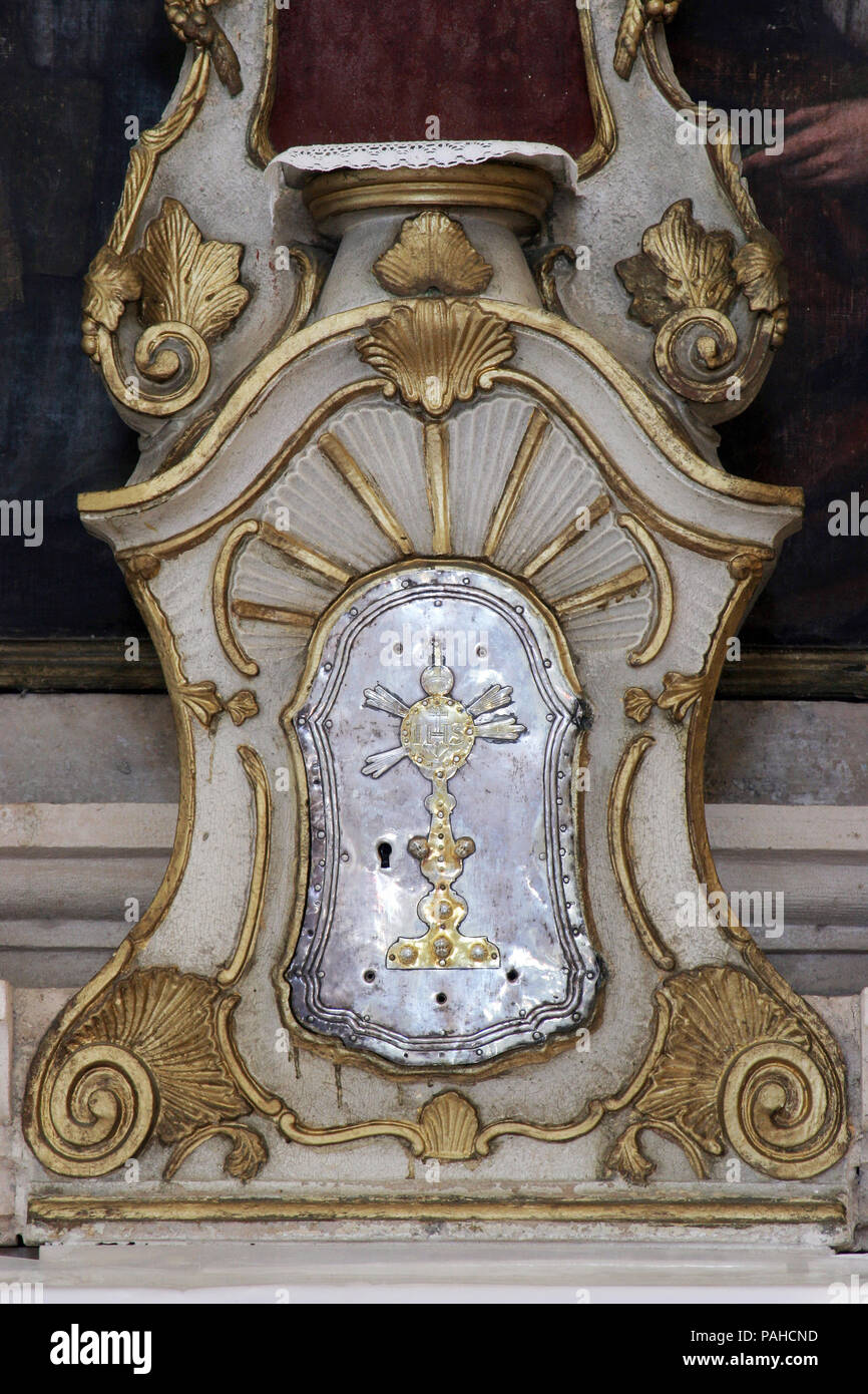 Tabernacle on the main altar in the Church of Our Lady of the Snows in Pupnat, Korcula island, Croatia Stock Photo