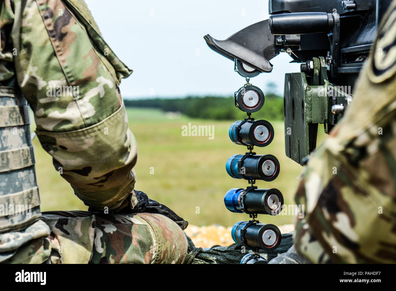 Mark 19 40 mm grenade machine amunition locked and loaded  during Operation Cold Steel II hosted by US Army Civil Affairs and Psychological Operations Command (Airborne), July 13, 2018 at Joint Base McGuire- Dix-Lakehurst, NJ. Operation Cold Steel is the U.S. Army Reserve's crew-served weapons qualification and validation exercise to ensure America's Army Reserve units and Soldiers are trained and ready to deploy on short notice as part of Ready Force X and bring combat-ready and lethal firepower in support of the Army and our joint partners anywhere around the world. (U.S. Army Reserve photo  Stock Photo