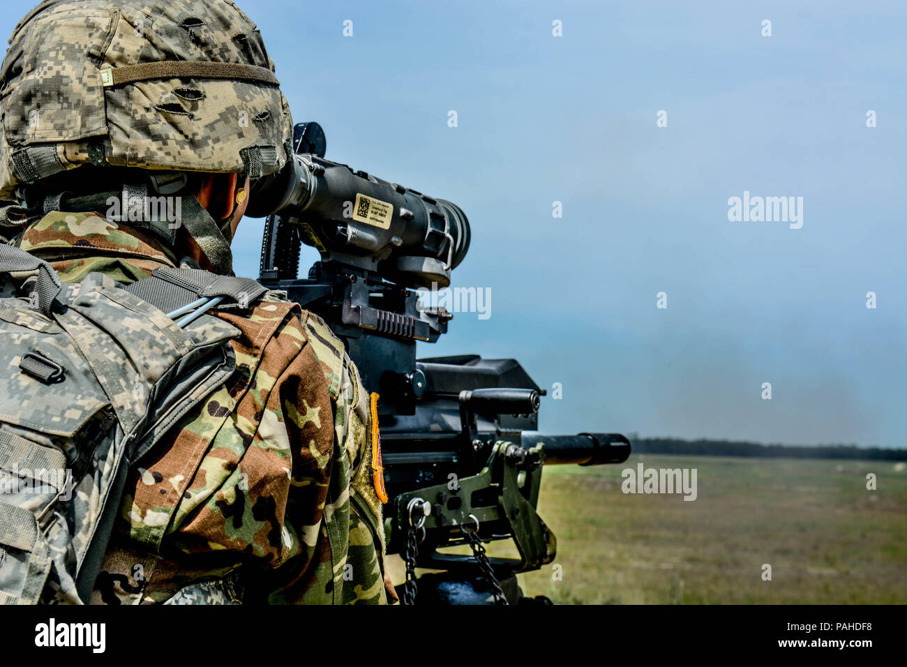 A U.S. Army Reserve Troop List Unit Soldier qualifies with a Mark 19 40 mm grenade machine gun during Operation Cold Steel II, hosted by U.S. Army Civil Affairs and Psychological Operations Command (Airborne), July 13, 2018 at Joint Base McGuire-Dix-Lakehurst, N.J. Operation Cold Steel is the U.S. Army Reserve's crew-served weapons qualification and validation exercise to ensure America's Army Reserve units and Soldiers are trained and ready to deploy on short notice as part of Ready Force X and bring combat-ready and lethal firepower in support of the Army and our joint partners anywhere arou Stock Photo