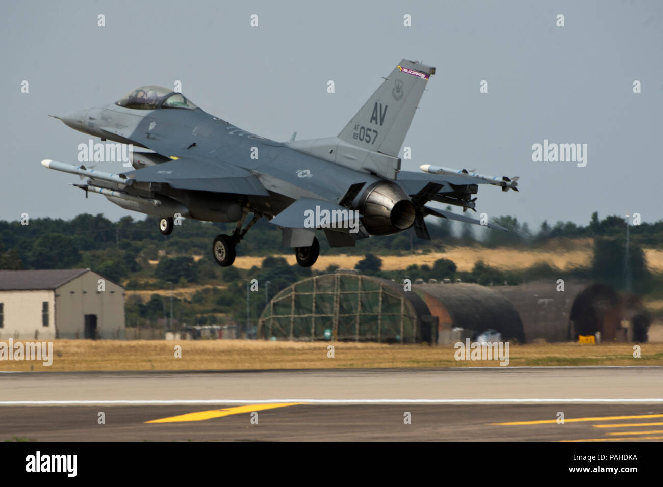 An F-16C Fighting Falcon from the 31st Fighter Wing, 510th Fighter Squadron, Aviano Air Base, Italy, lands at Royal Air Force Lakenheath, England, July 20, 2018. The 510th FS was originally formed as the 625th Bombardment Squadron (Dive), 405th Bombardment Group, at Drew Field, Fla., in 1943, flying the Douglas A-24 Banshee. (U.S. Air Force photo by Master Sgt. Eric Burks) Stock Photo
