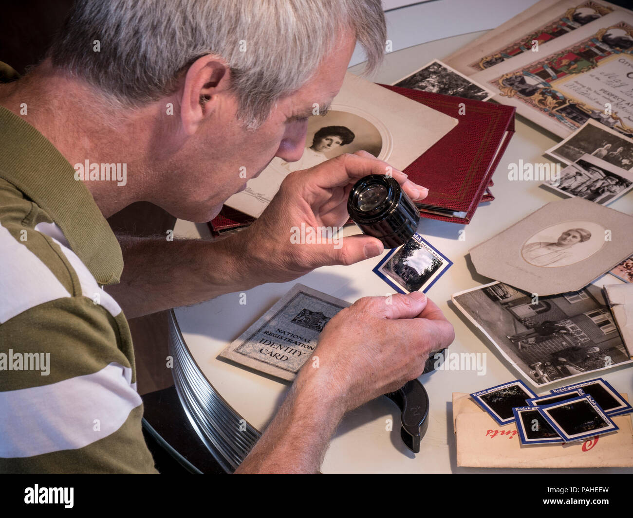 OLD FAMILY PHOTOGRAPHS TRANSPARENCIES Mature man sorting through ...