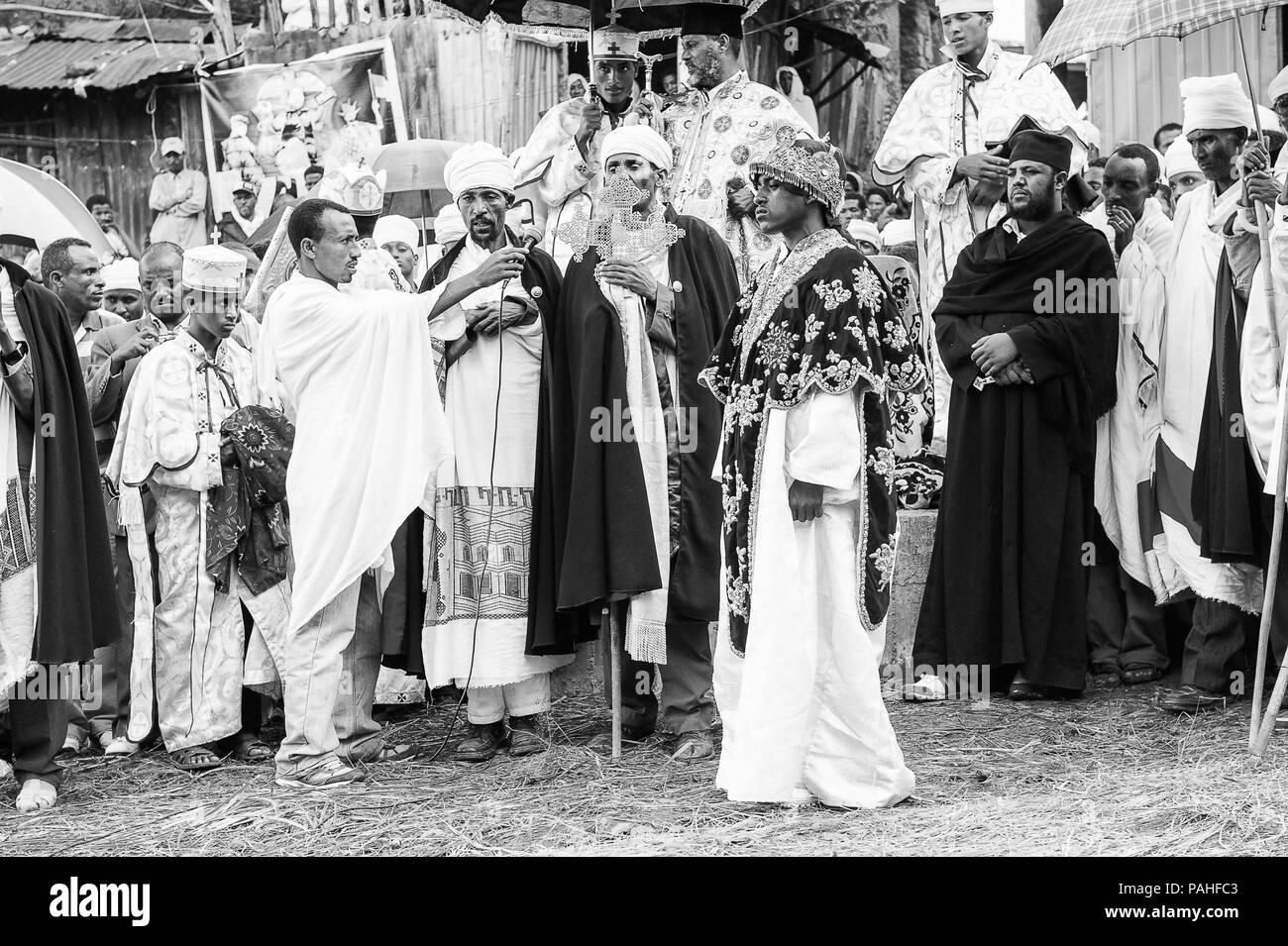 LALIBELA, ETHIOPIA - SEP 27, 2011: Unidentified Ethiopian group of people wathing the religious festival Meskel in Ehtiopia, Sep 27, 2011. Meskel comm Stock Photo