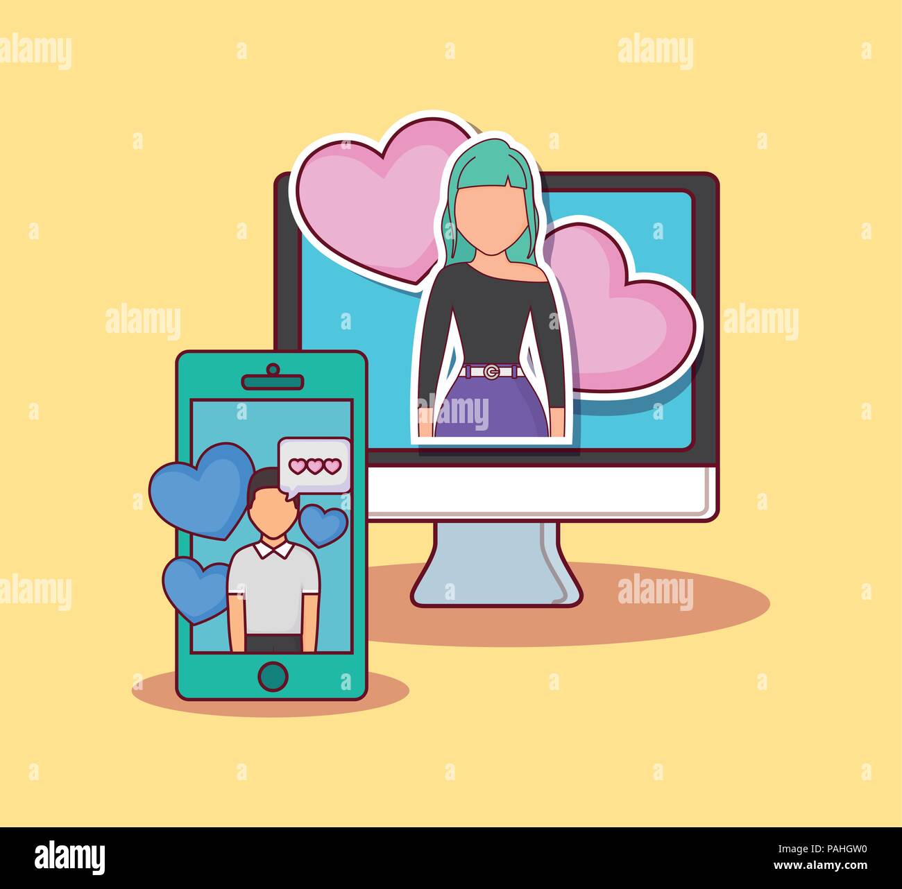 Online dating design with computer and cellphone with avatar man and woman over yellow background, colorful design. vector illustration Stock Vector