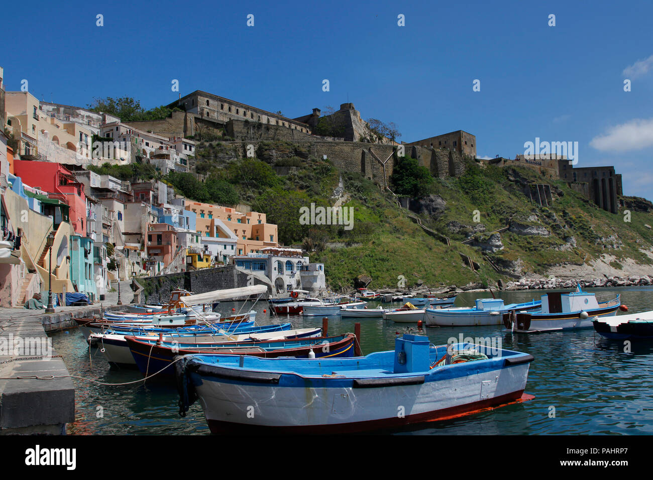 Procida, Beautiful island in the mediterranean sea coast, Marina della Corricella Naples, italy Stock Photo