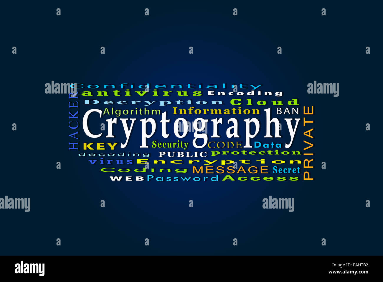 The word cryptography and related words on a blue background Stock Photo