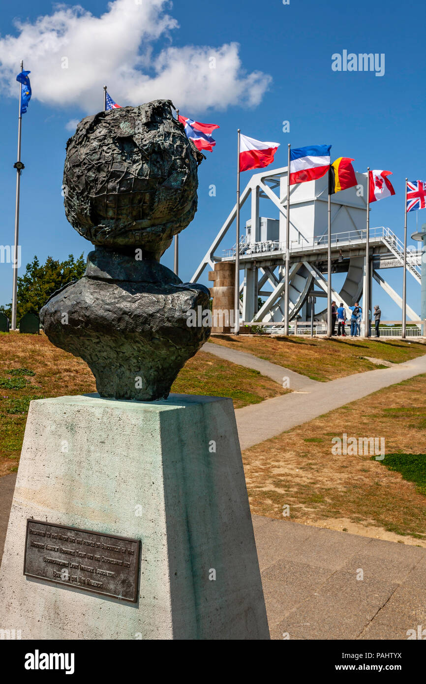 A bust commemorating Major John Howard who lead the glider airborne assault on the bridge at Benoville Pegasus Normandy France Stock Photo