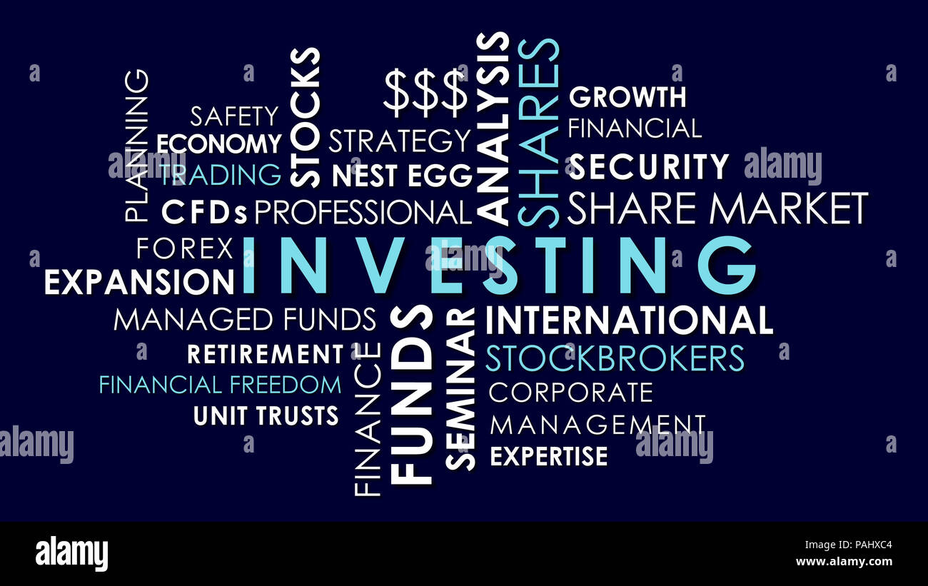 Investing and share market related words animated text word cloud, dark