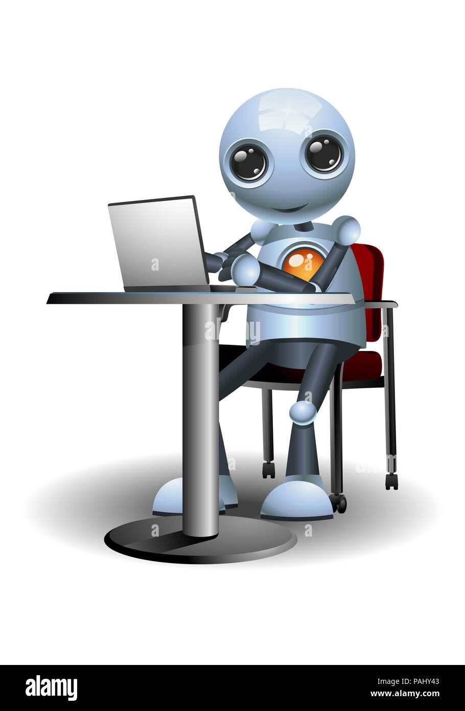 illustration of a little robot using laptop on desk on isolated white background Stock Photo
