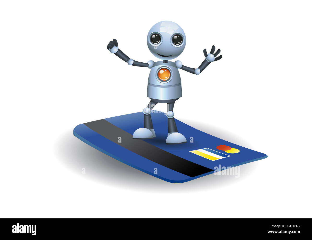 illustration of a little robot stand on credit card on isolated white  background Stock Photo - Alamy