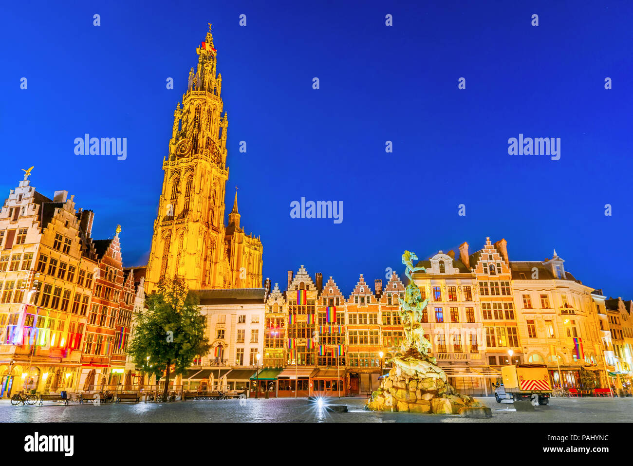 Antwerpen, Belgium. Night scene in downtown Antwerp, Belgium along the