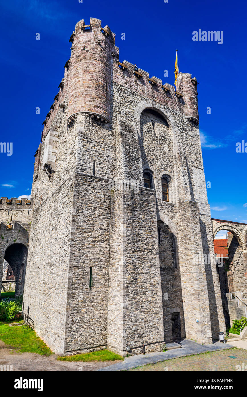 Gent, Belgium. Fortified gate of Gravensteen castle in Ghent built in