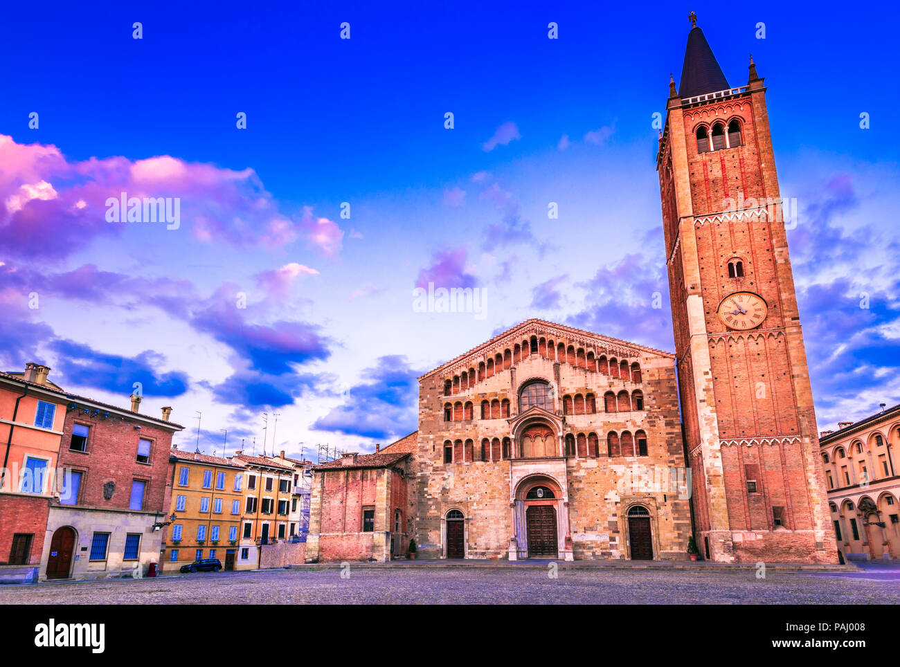 Parma, Italy - Piazza del Duomo, Romanesque architecture in Emilia-Romagna. Stock Photo