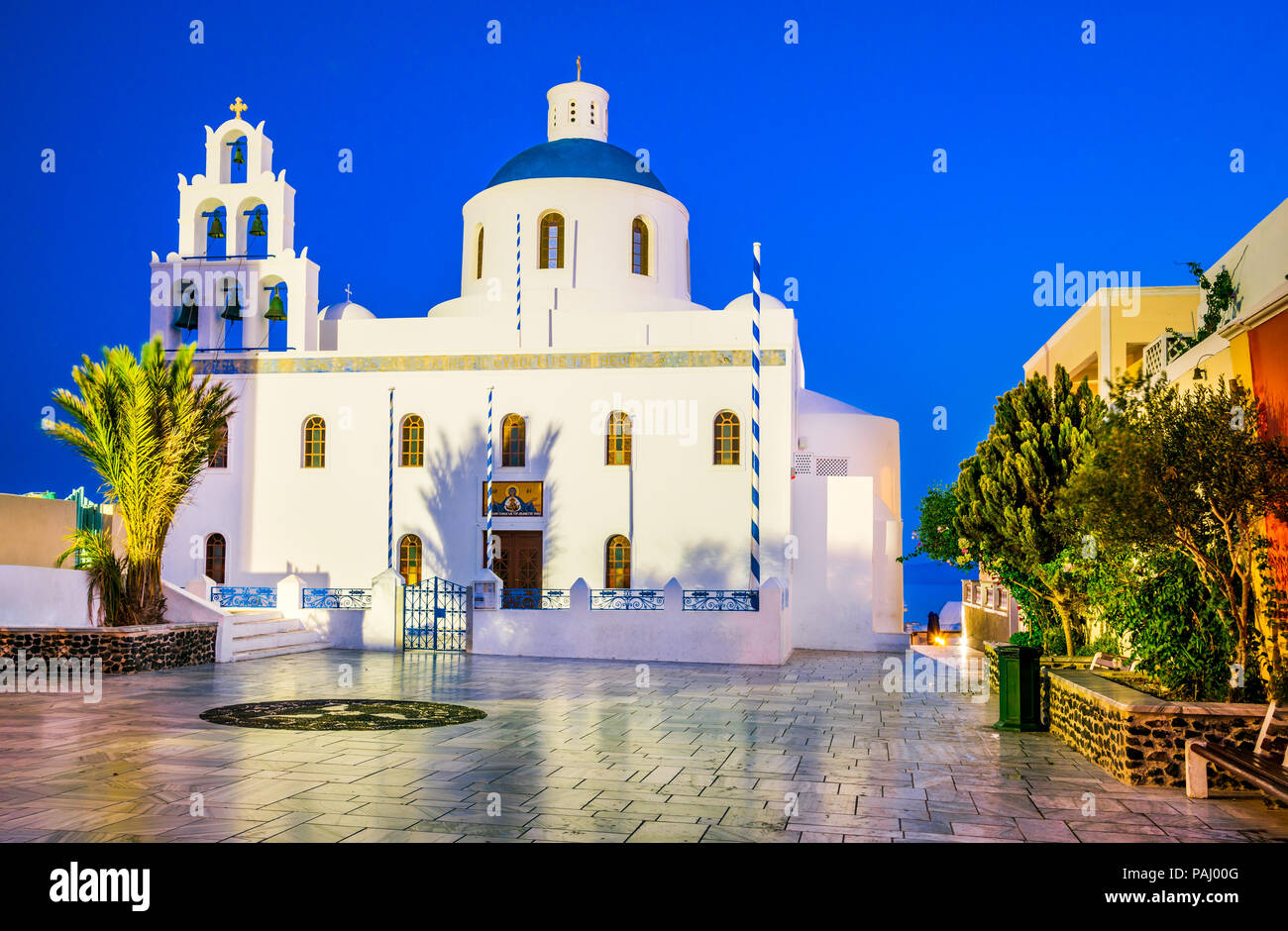 Santorini, Greece. Church of Panagia of Platsani, Oia whitewashed village in Greek Islands. Stock Photo