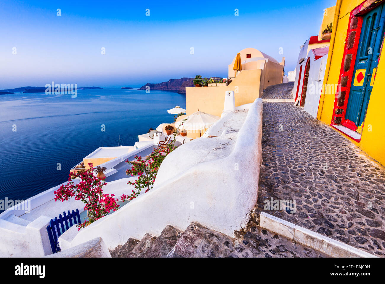 Santorini, Greece. Whitewashed city of Oia, Thira in Greek Islands, Aegean Sea. Stock Photo