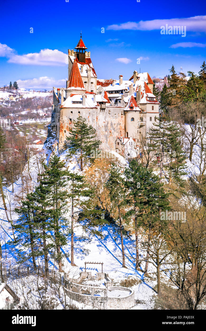 Bran Castle, Romania. Winter snowy image of Dracula Castle in Brasov, Transylvania, Eastern Europe. Stock Photo