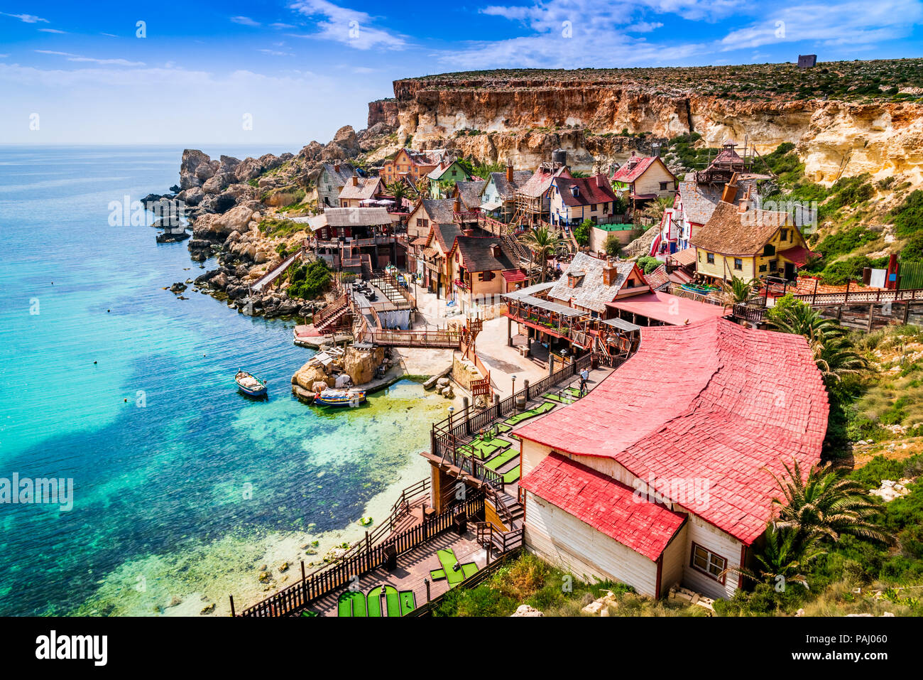 Malta, Il-Mellieha. View of the famous village Mellieha and bay on a sunny day Stock Photo