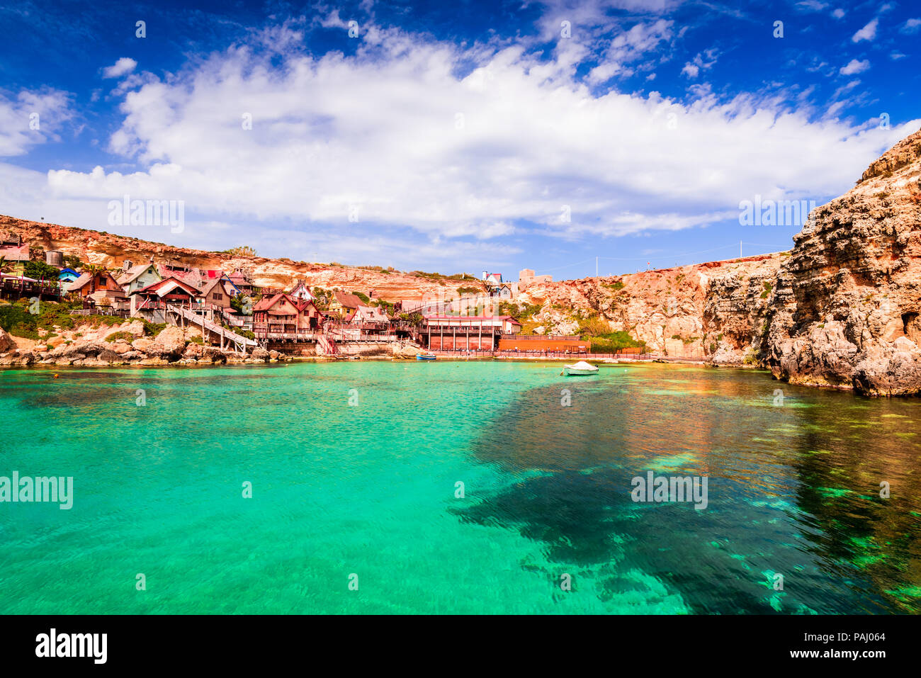 Malta, Il-Mellieha. View of the famous village Popeye and bay on a sunny day. Malta. Stock Photo
