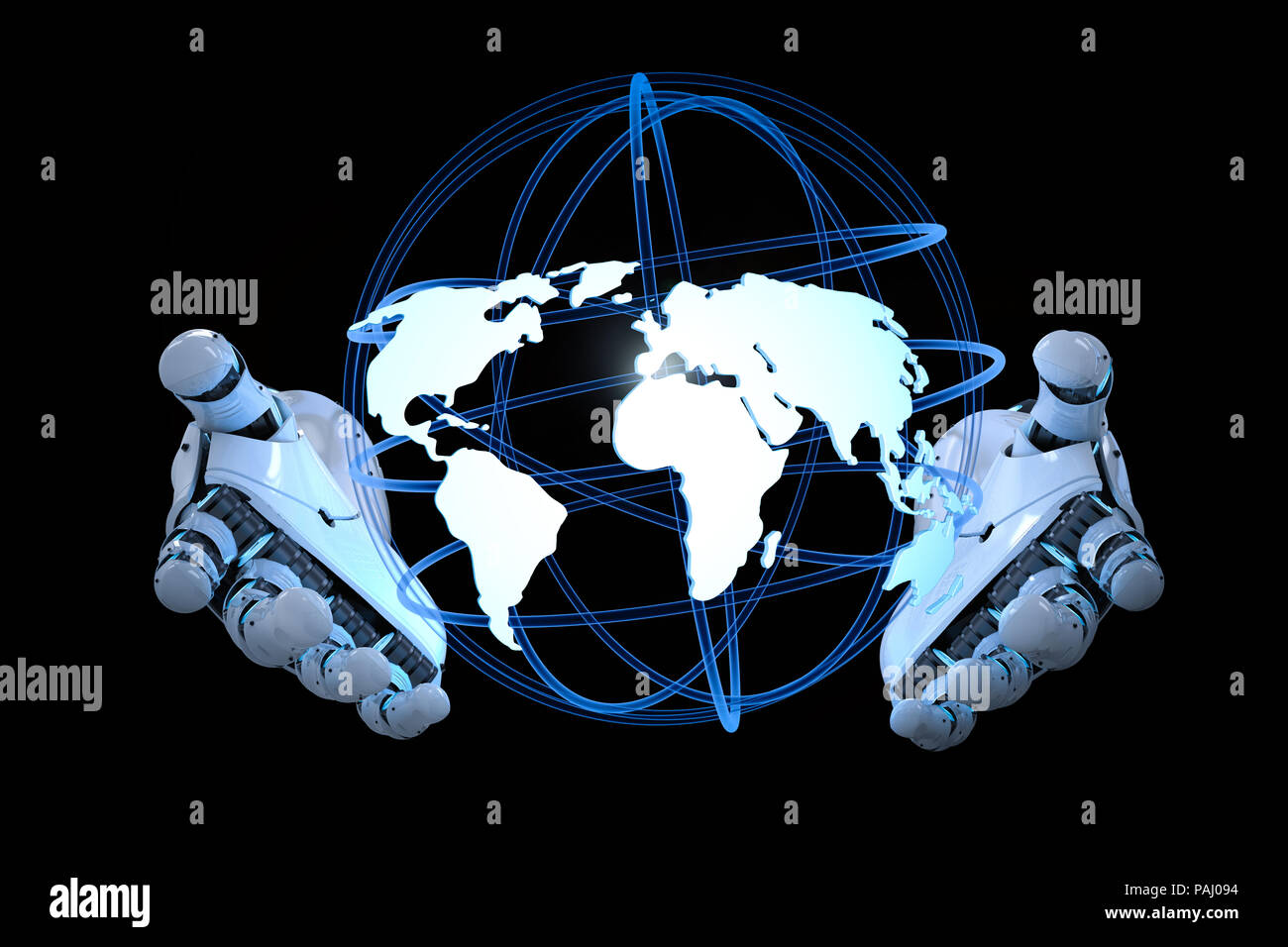 Globalization concept with 3d rendering robot hand holding globe Stock Photo