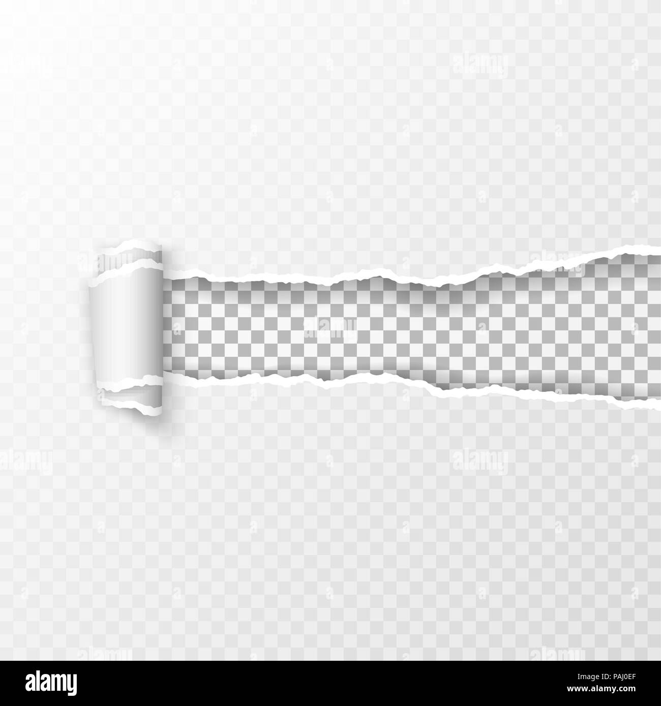 Ripped transparent checkered sheet of paper. Paper pattern with  soft shadow and checkered background in the resulting window. Vector illustration Stock Vector