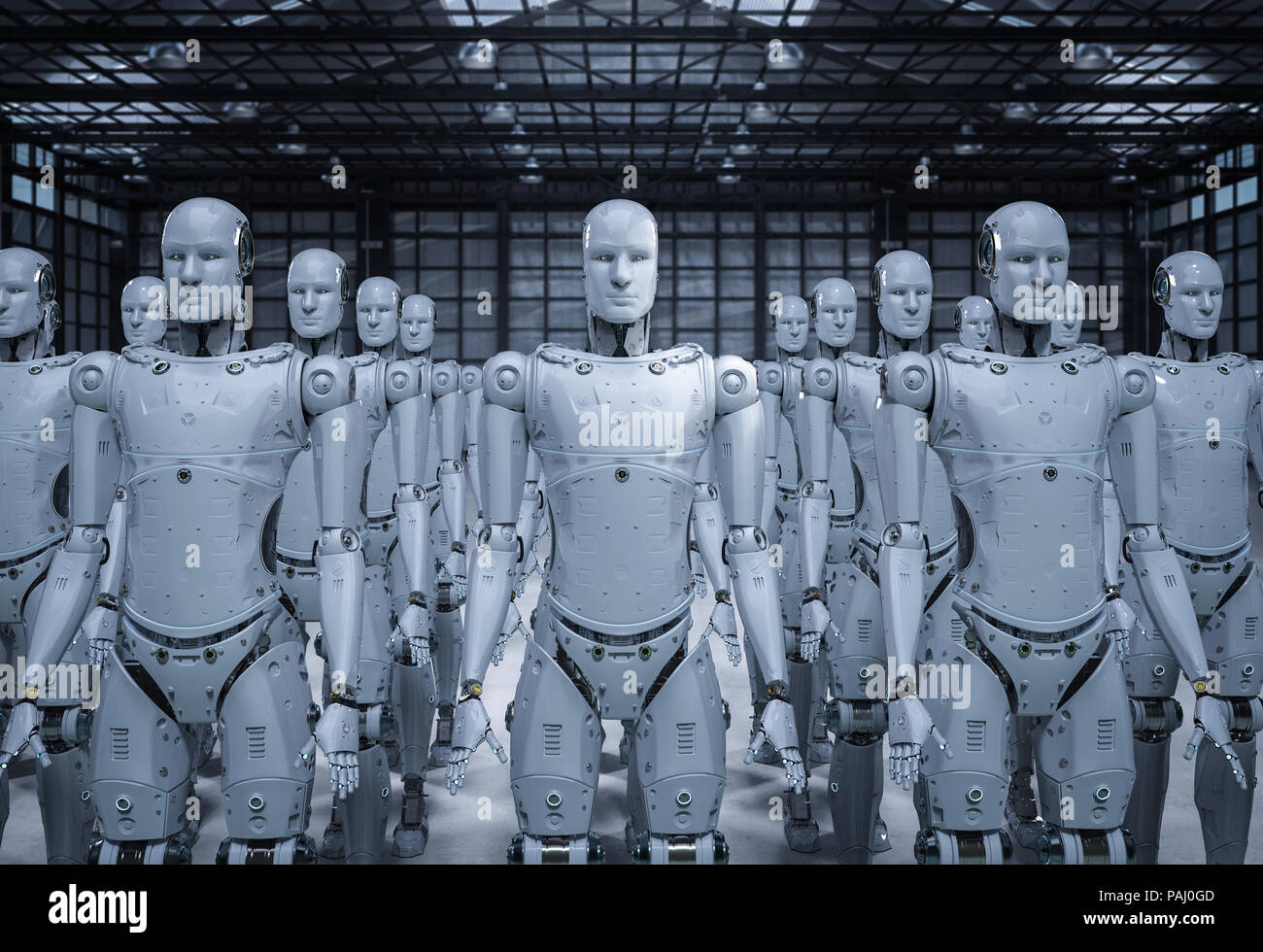 3d rendering robot assembly or group of cyborgs in factory Stock Photo ...