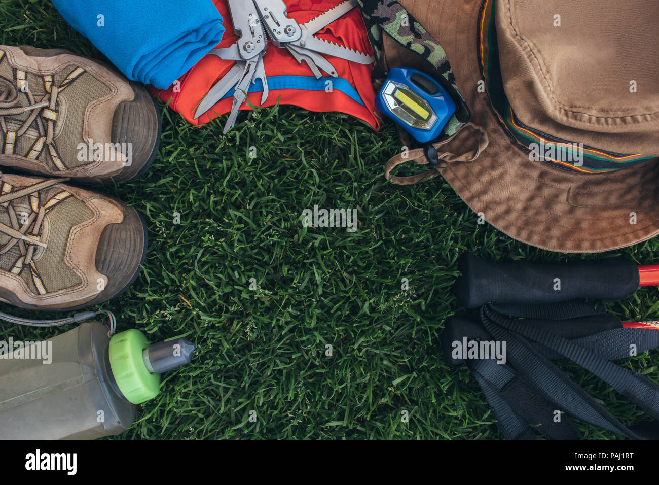 Travel and hiking supplies shot knolling style Stock Photo