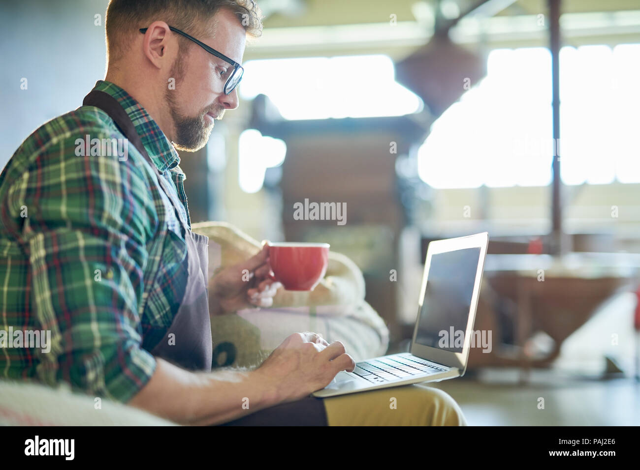 Man Using Laptop in Coffee Roastery Stock Photo Alamy