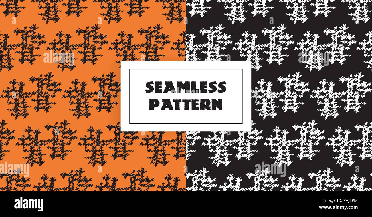 Abstract black white lines seamless pattern on orange and black background. Hand drawn graphic. May use it ffor mens clothing Stock Vector