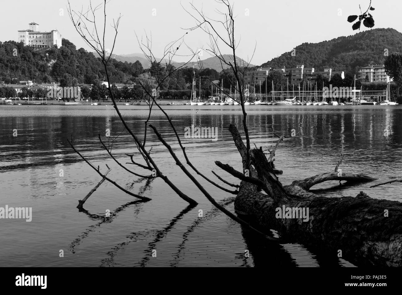 Angera's Rocca Borromea and Lake Maggiore in black and white. La rocca Borromea di Angera e il Lago Maggiore dalla Palude Buschera. Stock Photo