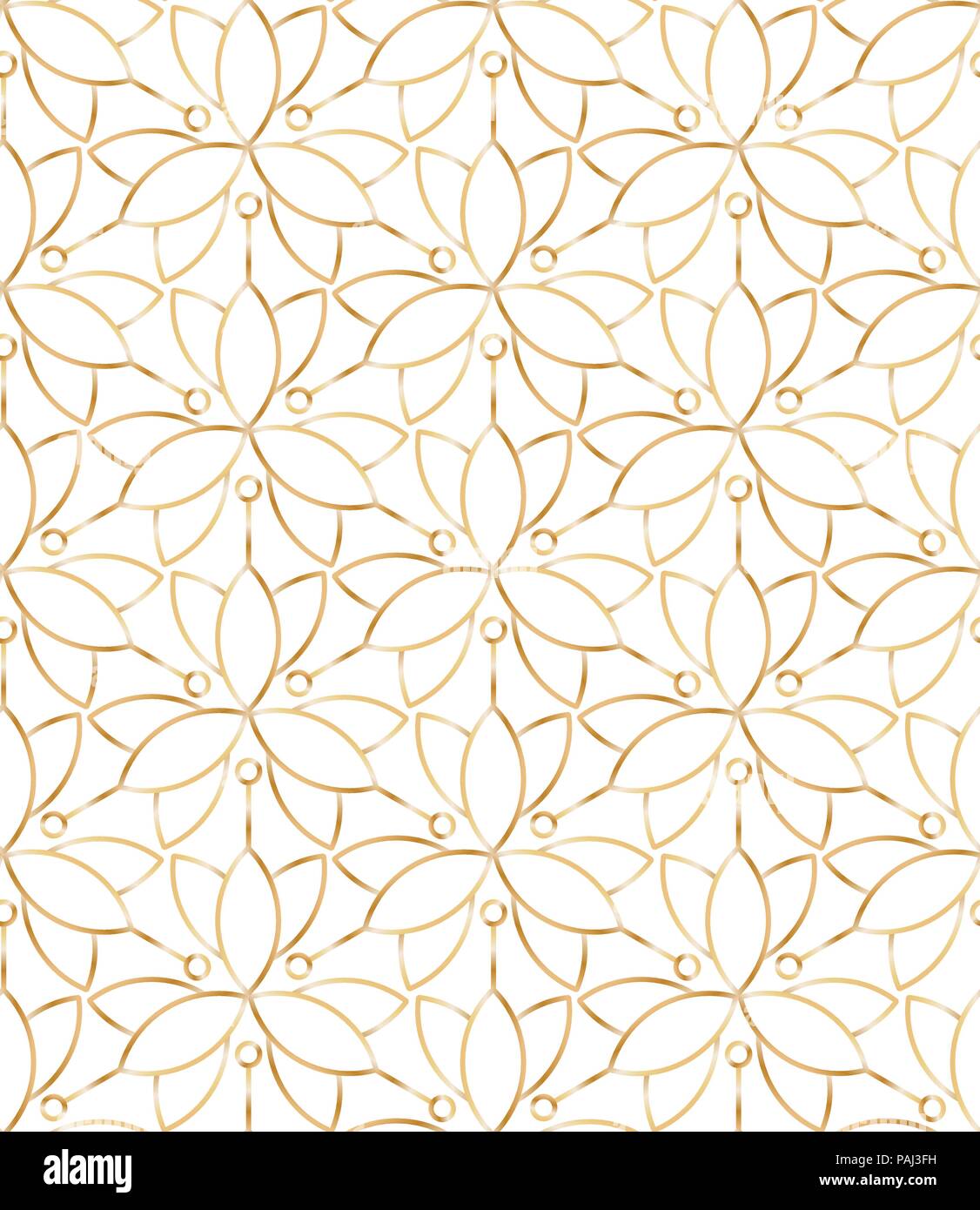 Seamless linear golden flower pattern on white background Stock Vector