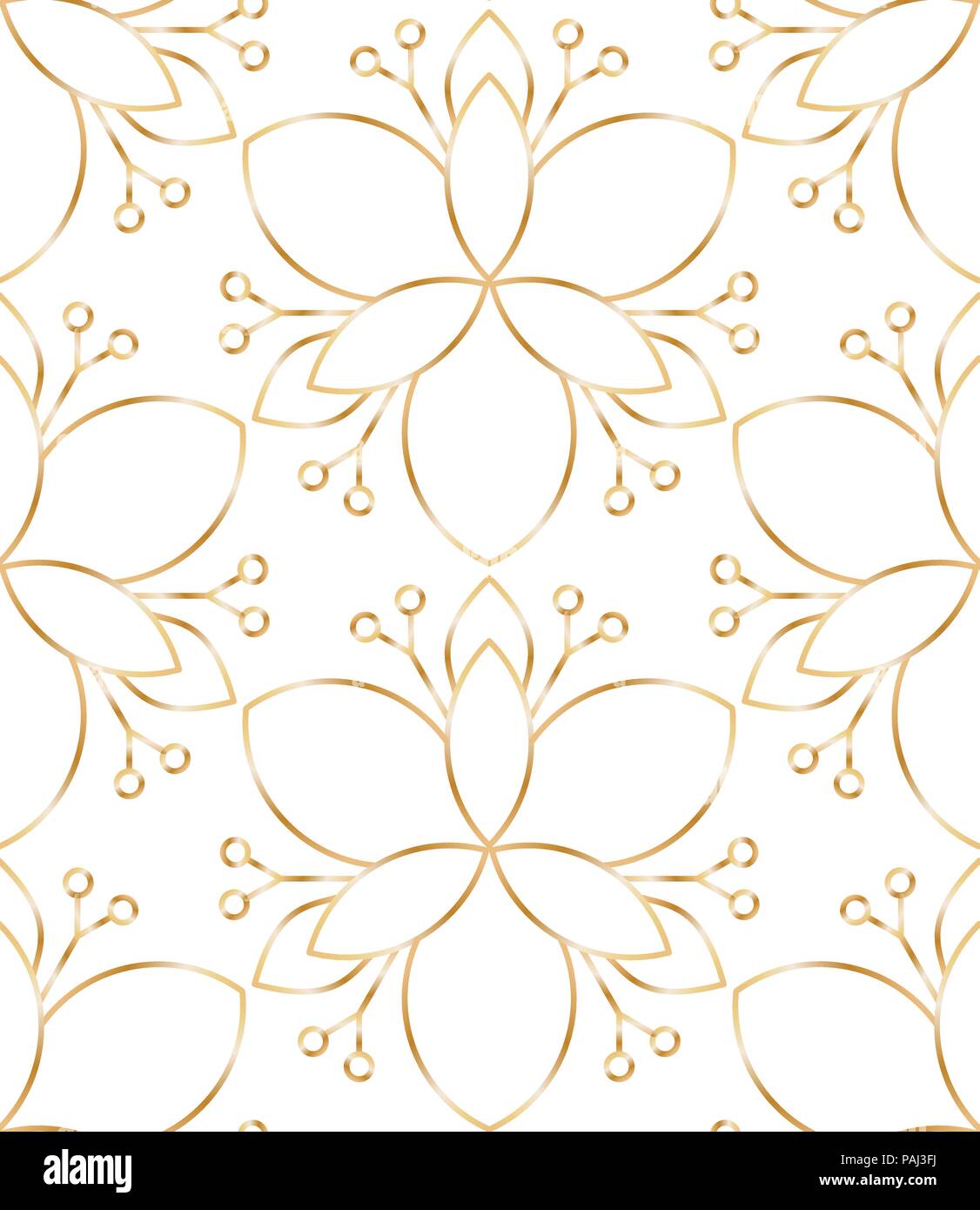 Seamless linear golden flower pattern on white background Stock Vector