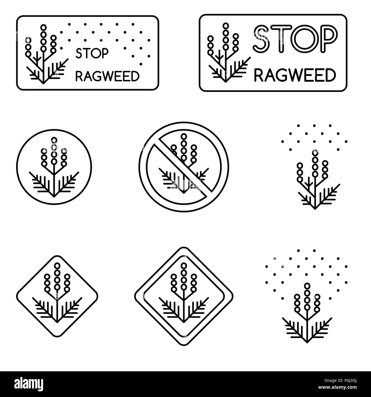 Set of minimalist linear signs about ragweed, dangerous weed, allergy cause Stock Vector
