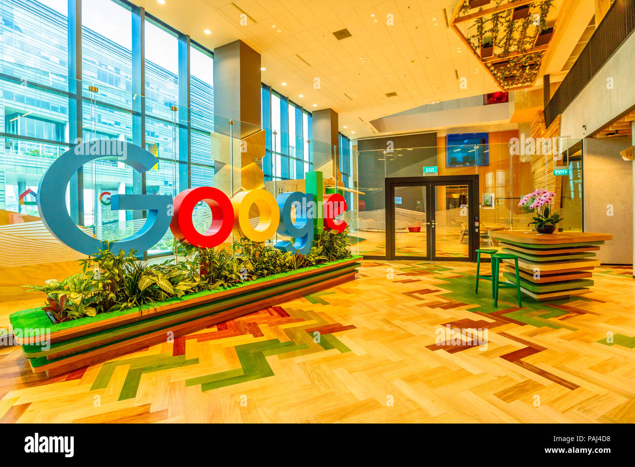 Singapore - May 5, 2018: Google sign in the new offices of Google Headquarters in Mapletree Business City II, Singapore. Google's Asia-Pacific HQ with employs 1000 people. Stock Photo